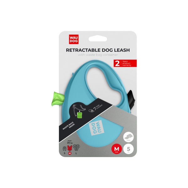Поводок-рулетка Waudog R-leash с контейнером для пакетов M до 20 кг 5 м голубой