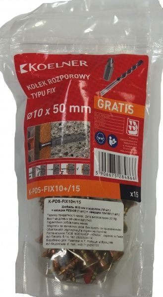 Набір Дюбель Ф10 мм з шурупом (15 шт.) + насадка PZ2х25 + свердло 10х100