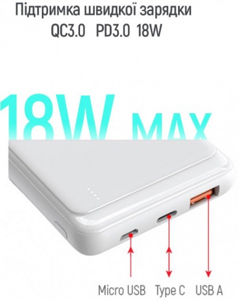 Внешний аккумулятор (Powerbank) ColorWay Slim USB QC3.0 + USB-C PD 18W 10000 mAh white (CW-PB100LPG3WT-PD) 