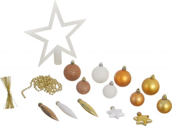Набор елочных игрушек шарики, сосульки, звездочки, верхушка и гирлянда бело-коричнево-золотой 50 шт./уп. 
