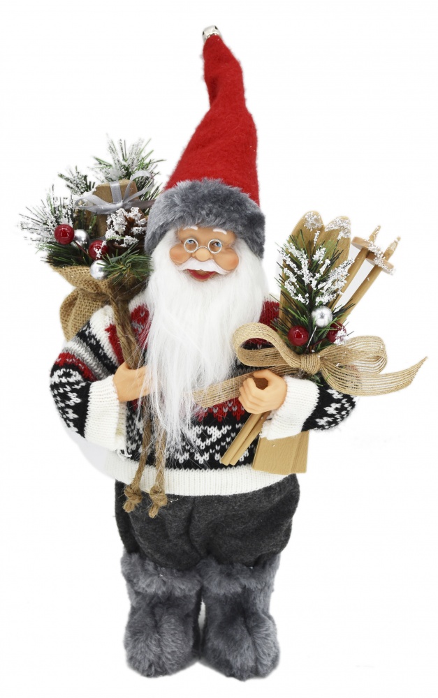 Декоративная новогодняя фигура Санта лесной в свитере серо-красный 30 см