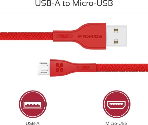 Кабель Promate PowerBeam-M USB-microUSB 2А 1,2 м красный (powerbeam-m.red) 