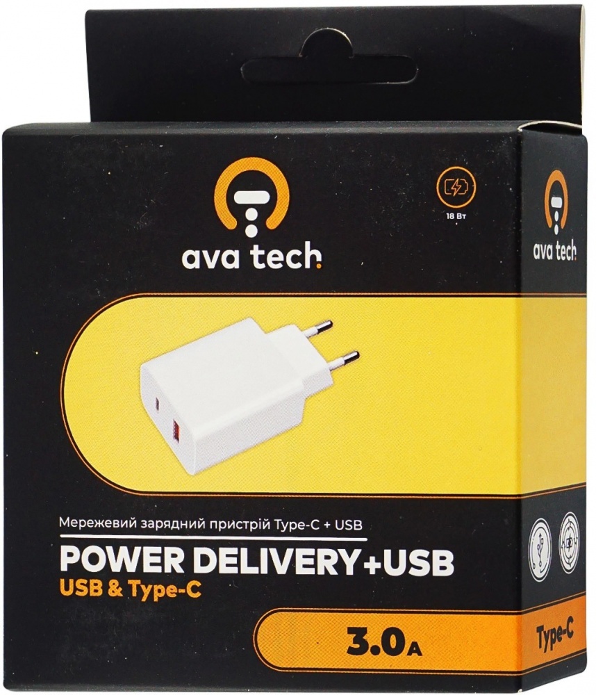 Сетевое зарядное устройство AvaTech USB+Type C PD 18W (9869201152748)