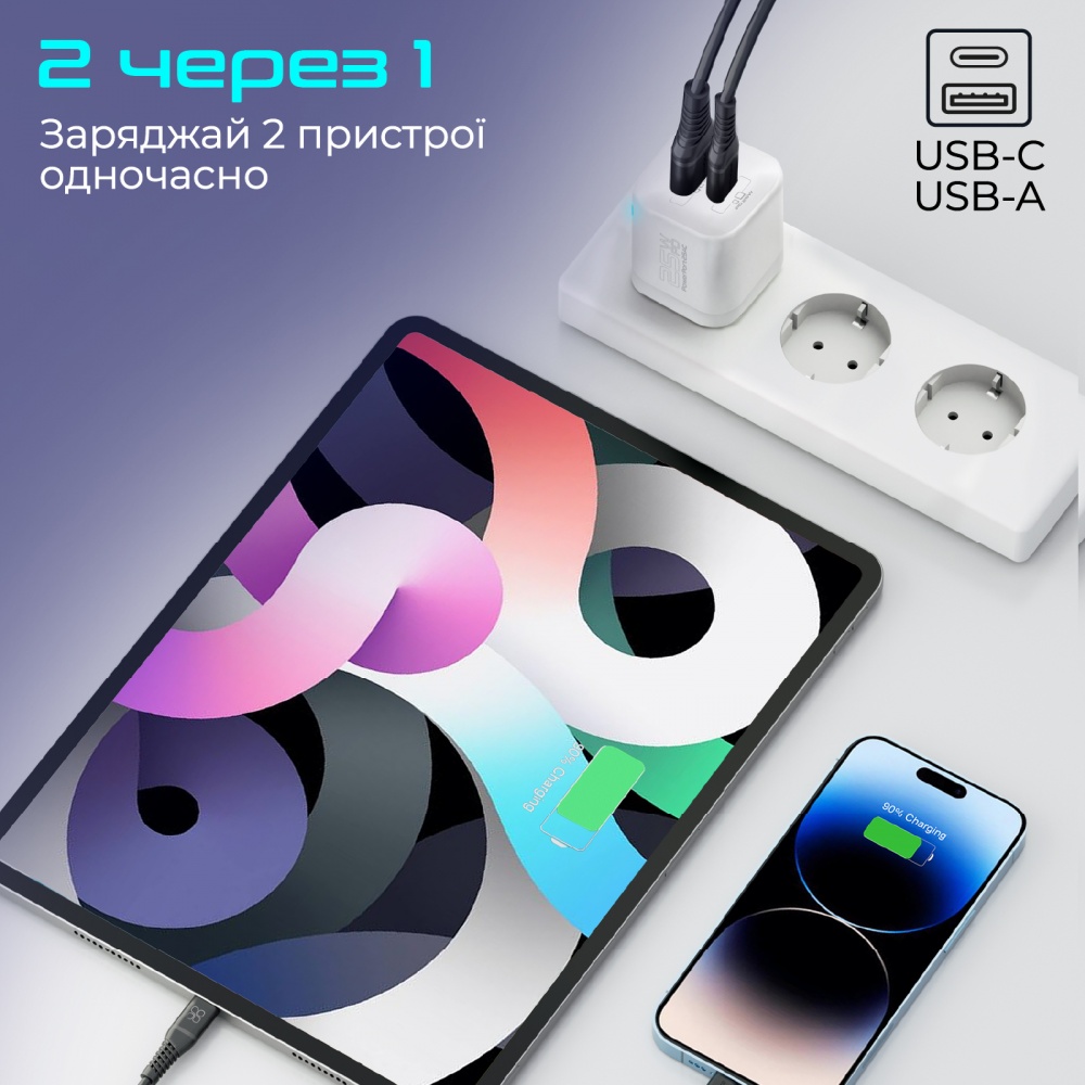 Сетевое зарядное устройство Promate 25W PD USB-A USB-C белый (powerport-25ac.white)