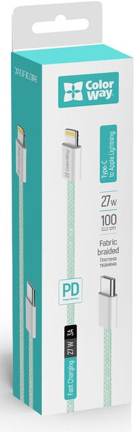 Кабель ColorWay Type-C - Apple Lightning (braided cotton) (PD Fast Charging 27W) 1 м зелений (CW-CBPDCL061-G)