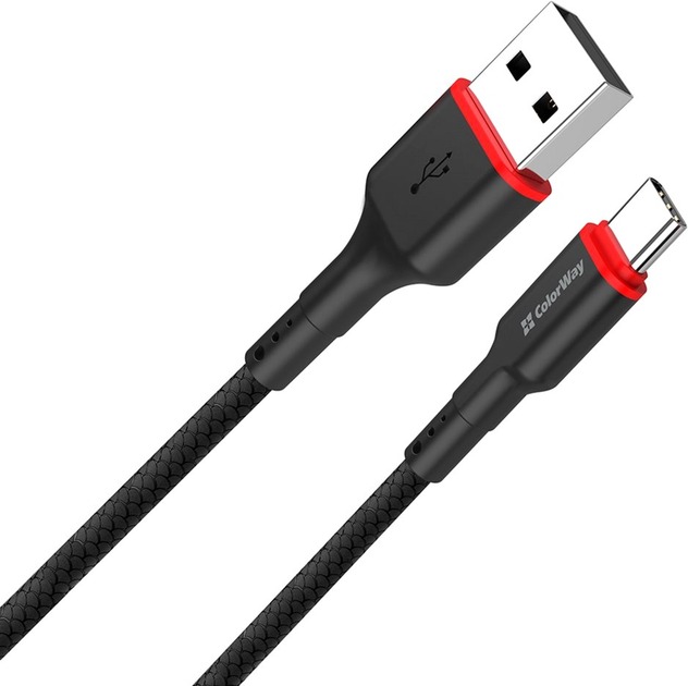 Кабель ColorWay USB - Type-C (PVC - red head) 2.4А 1 м чорний (CW-CBUC064-BK)