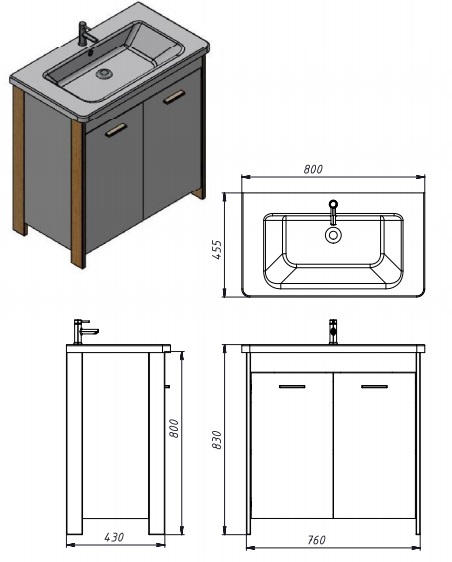 Тумба напольная ЮВЕНТА Brooklyn - 80 черный с умывальником Soft-80
