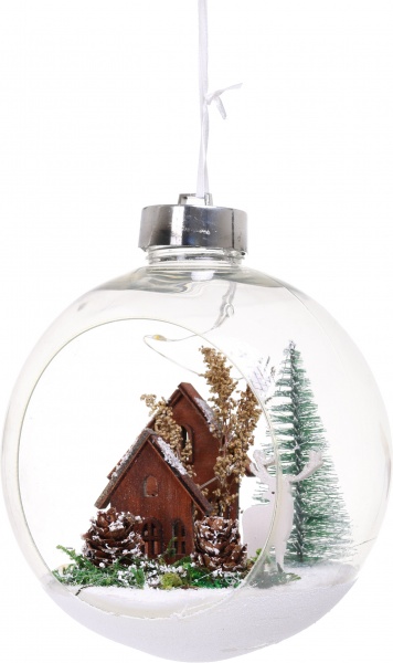 Елочная игрушка с подсветкой в форме шара с домом на 5 светодиодов в ассортименте 18,5 см 