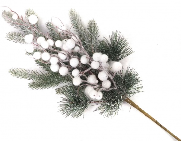 Веточка декоративная хвойная заснеженная с белыми ягодами 69 см RS1Z2685 