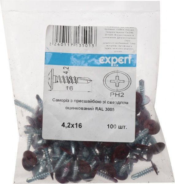 Саморез с пресшайбой со сверлом 4,2x16 мм 100 шт бордовый RAL 3005 Expert Fix