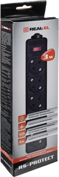 Фильтр-удлинитель Real-el RS-PROTECT с заземлением 5 гн. черный 3 м RS-PROTECT 3m, black (REAL-EL) 