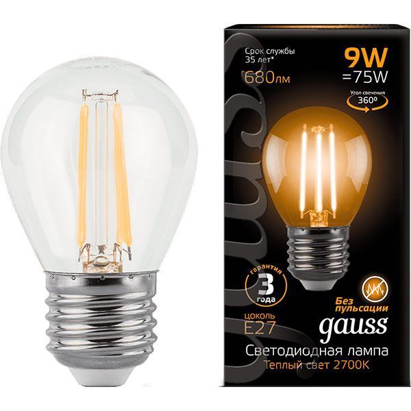 Лампа светодиодная Gauss Black FIL G45 9 Вт E27 2700 К 220 В прозрачная 