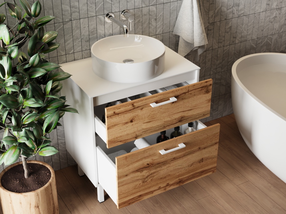 Тумба ЮВЕНТА Afina 70 см біла + Дуб Вотан під стільницю або умивальник Piedra 70