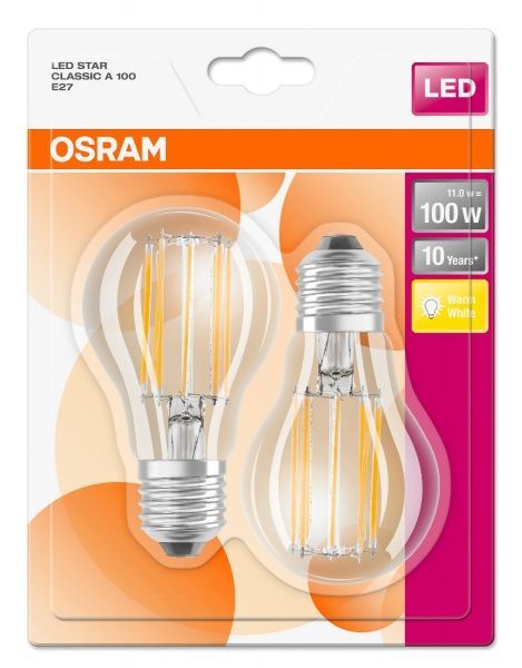 Лампа світлодіодна Osram FIL 2 шт./уп. A60 11 Вт E27 2700 К 220 В прозора 4058075124257 