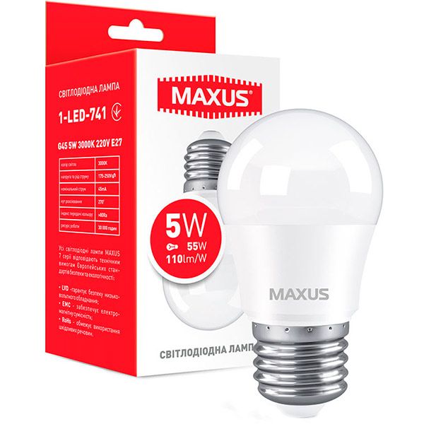 Лампа светодиодная Maxus 5 Вт G45 матовая E27 220 В 3000 К 1-LED-741 
