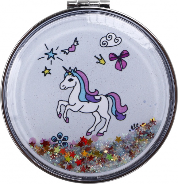 Зеркало карманное косметическое Лідер Канц Единорог с сыпучими блестками круглое 12 вариантов в ассортименте 