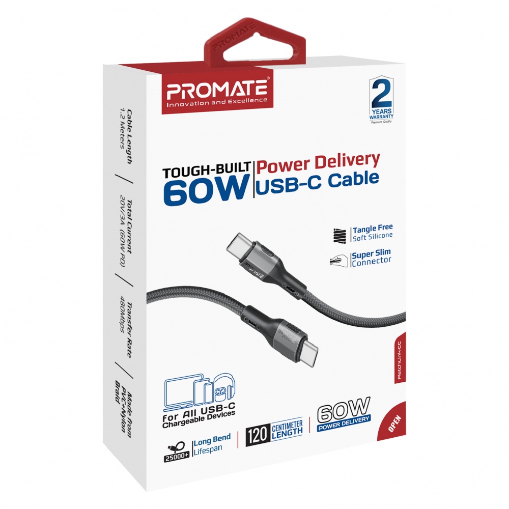 Кабель Promate FletchLink-СС USB-C to USB-C 60W Power Delivery 1,2 м black (fletchlink-cc.black)