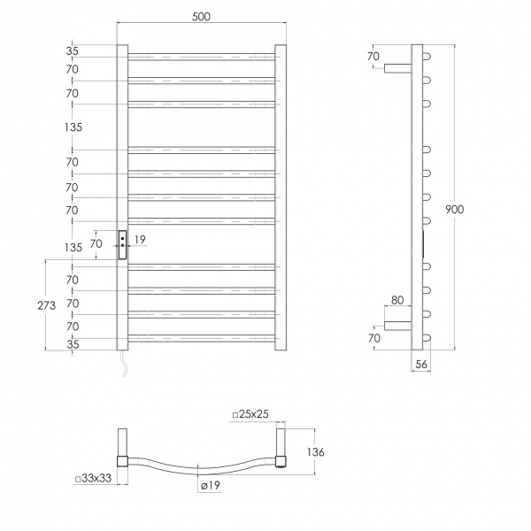 Полотенцесушитель электрический Imprese IHC509111121 11П (3-4-4) 500х900 сатин левый