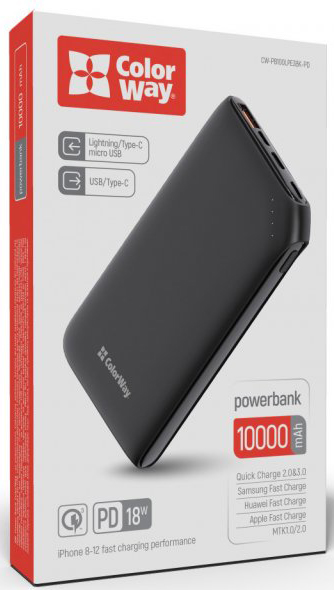 Внешний аккумулятор (Powerbank) ColorWay Soft touch Ligthning + USB QC3.0 + USB-C PD 18W 10000 mAh black (CW-PB100LPE3BK-PD) 