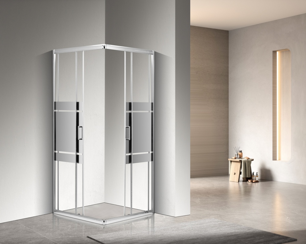 Душевое ограждение EGO квадрат. раздиж. EGOIST 90х90х200 см, стекло проз+ зерк 6мм, проф хром алюм