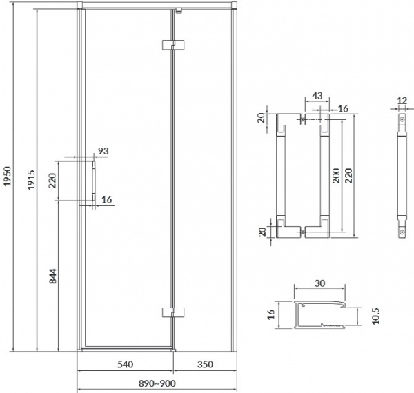 Душові двері Cersanit розпашні Larga 90x195 правосторонні профіль чорний S932-124