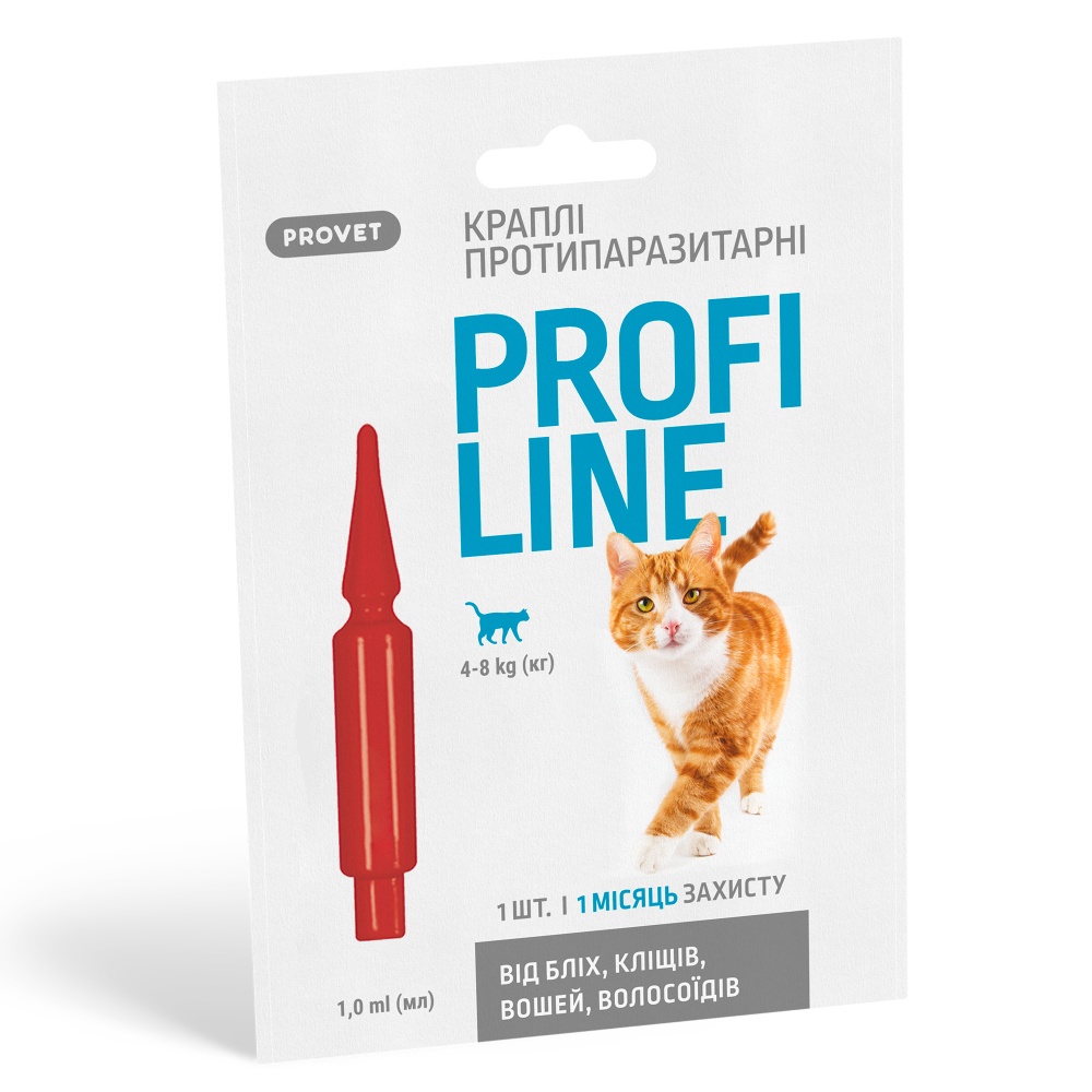 Капли ProVET для кошек 4-8 кг Profiline от блох, клещей, паразитов, вшей, 1 пипетка, 1,0 мл