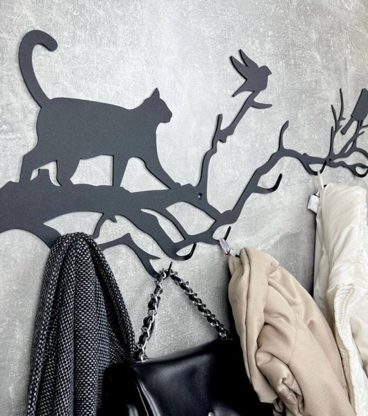 Вішалка декоративна Гілка з котом та пташками 50х17 см