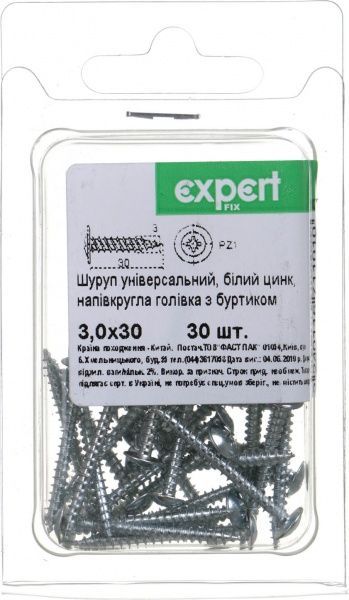 Шуруп універсальний напівкругла головка з буртиком 3x30 мм 30 шт. білий цинк Expert Fix