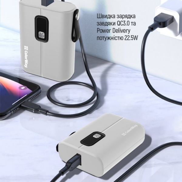 Внешний аккумулятор (Powerbank) ColorWay Full power Ligthning + USB QC3.0 + USB-C PD 22.5W 10000 mAh white (CW-PB100LPK2WT-PDD) 