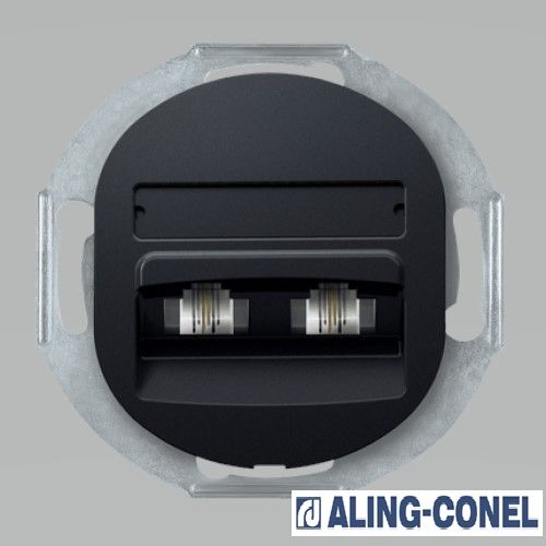 Розетка двойная с заземлением Aling-Conel Eon без шторок без крышки черный глянец E613.E