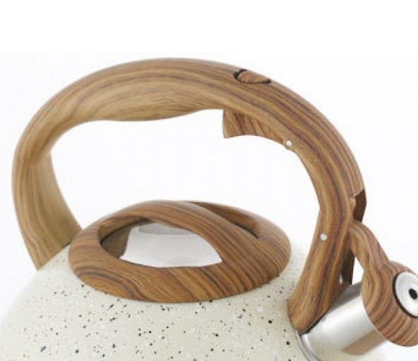 Чайник со свистком белый гранит с ручкой под дерево 3 л Empire