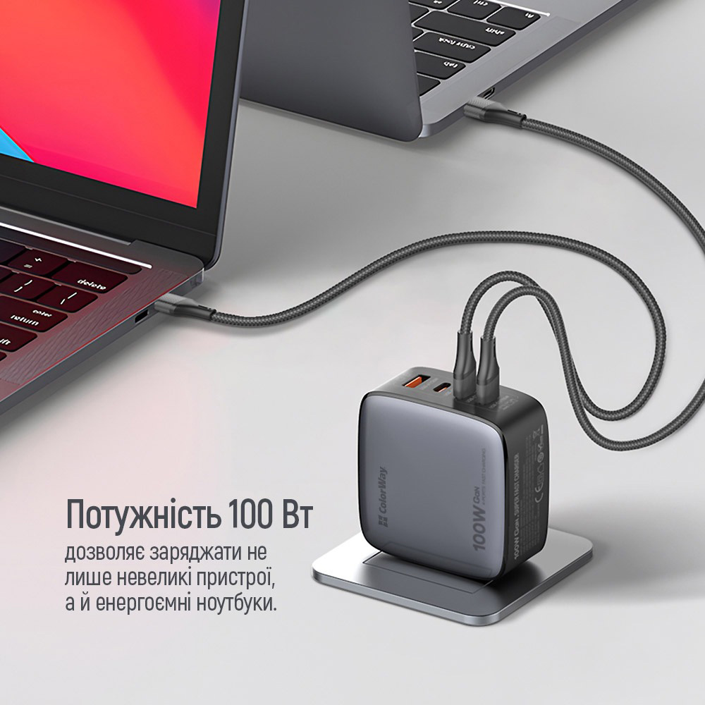 Сетевое зарядное устройство ColorWay Power Delivery GaN (USB-A + 3USB TYPE-C) (100W)