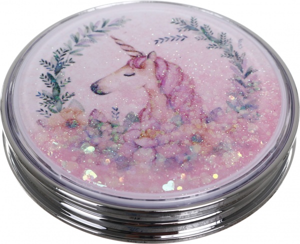 Зеркало карманное косметическое Лідер Канц Единорог с сыпучими блестками круглое 12 вариантов в ассортименте 