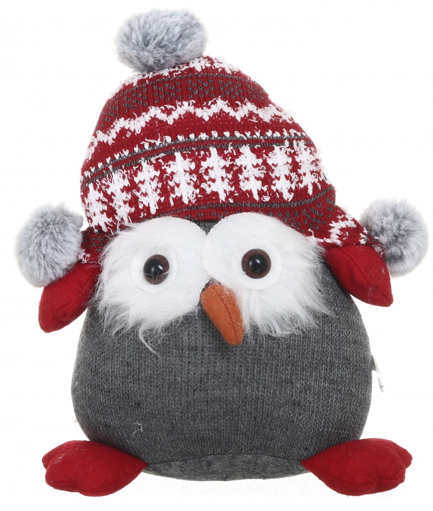 Декорация новогодняя сова в шапке-ушанке красно-серая 24 см LF2230053