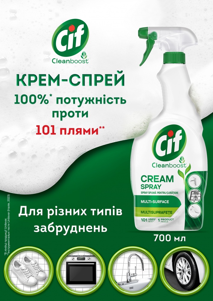 Крем Cif для чищення різних видів поверхонь Cleanboost Cream Spray 0,7 л