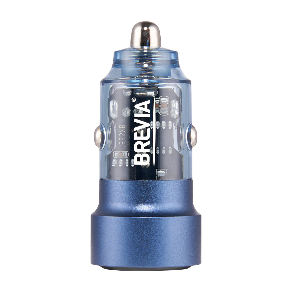Автомобільний зарядний пристрій Brevia ePower DualCharge 75W 1xUSB-C+1xUSB-A, transparent blue