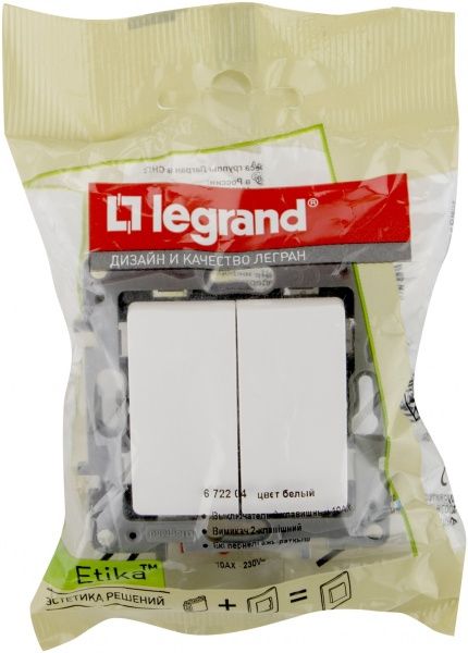 Выключатель двухклавишный Legrand Etika 672204 с подсветкой 10 А 230В IP20 белый