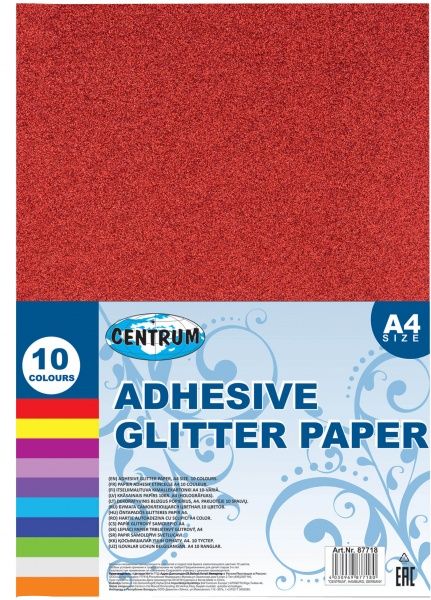 Бумага для дизайна Glitter на клейкой основе с блестками А4 10 цветов Centrum
