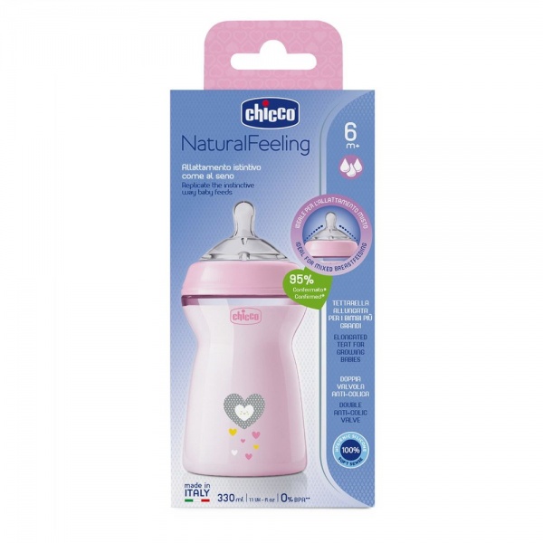 Бутылка детская Chicco Natural Feeling NEW, 330 мл 6м+ розовая