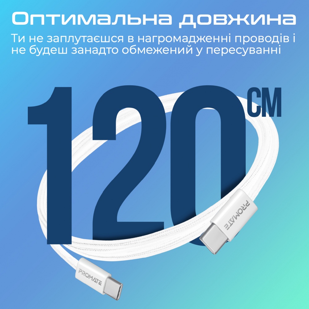Кабель Promate USB-C to USB-C 60W Power Delivery 1,2 м white (ecoline-cc120.white)