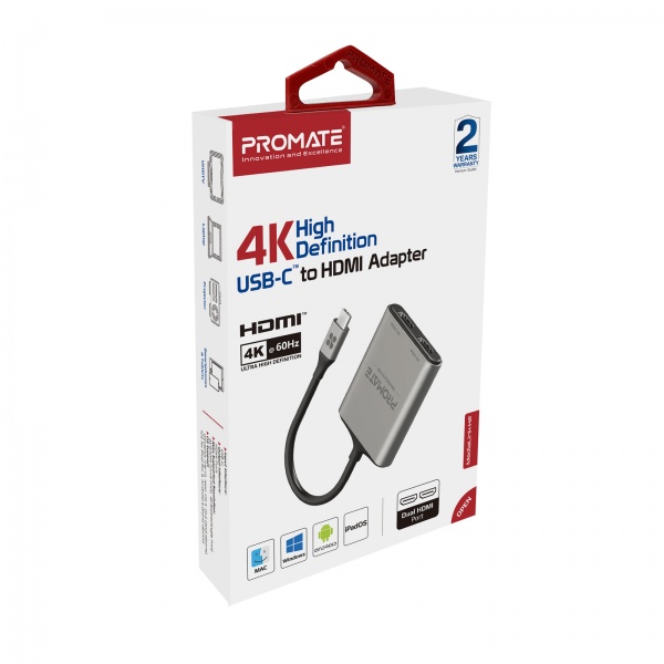 Перехідник Promate Type-C to 2xHDMI 4K MediaLink-H2 0,15 м сірий (medialink-h2.grey) 