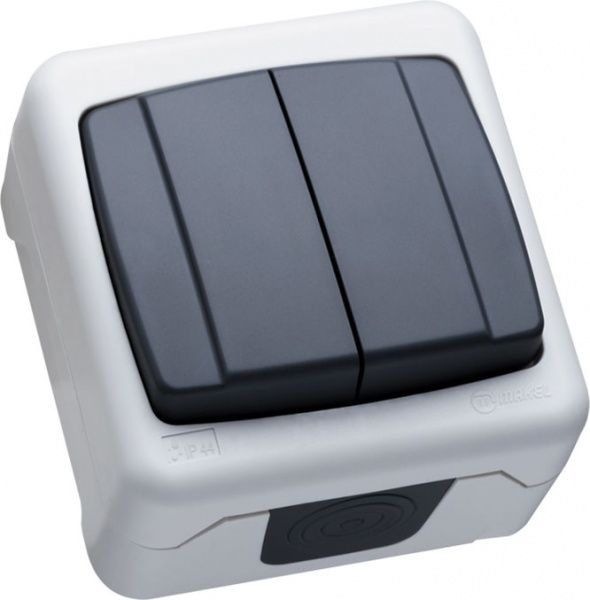 Вимикач двоклавішний Makel IP44 без підсвітки 10 А 250В сірий 37064003