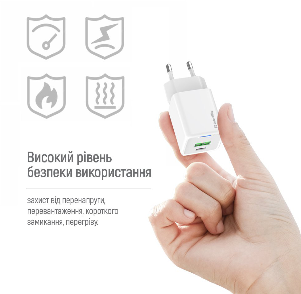 Сетевое зарядное устройство ColorWay GaN Mini 30W PD USB (Type-C PD + USB QC4.0) white