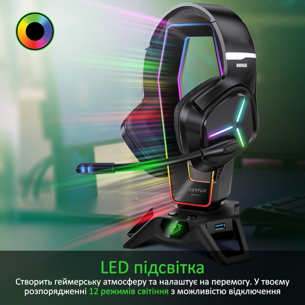 Тримач для навушників Vertux black (hexarack.black) USB хаб 3xUSB 3.0/2xAUX 3.5 мм 