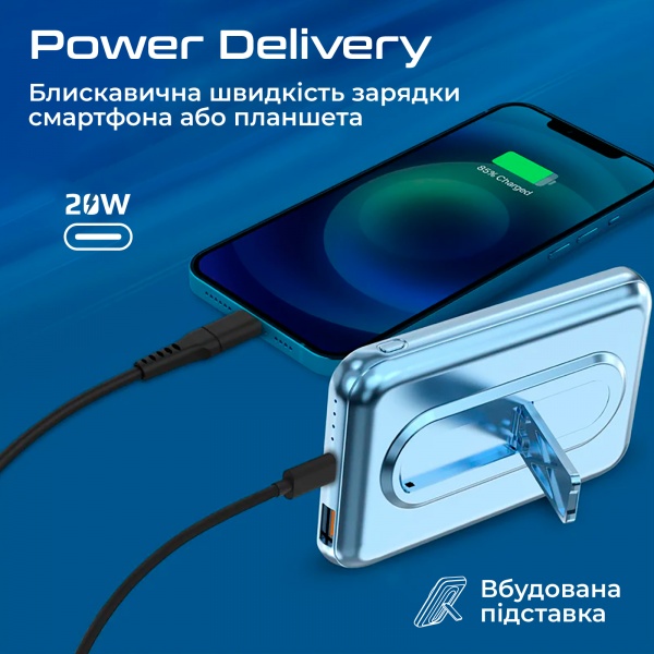 Универсальная мобильная батарея Promate 10000 mAh blue (powermag-10pro.blue) PowerMag-10Pro 10000 mAh, MagSafe, USB-C PD, USB-А QC3 