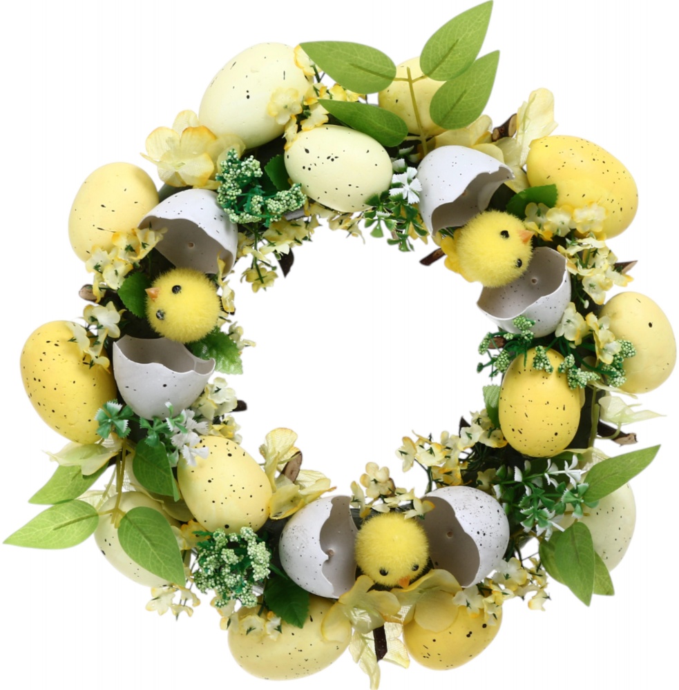 Вінок декоративний пасхальний з яйцями і квітами жовий