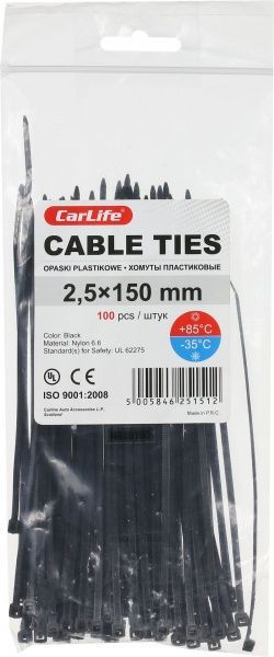 Стяжка кабельна CarLife 2,5х150мм чорна