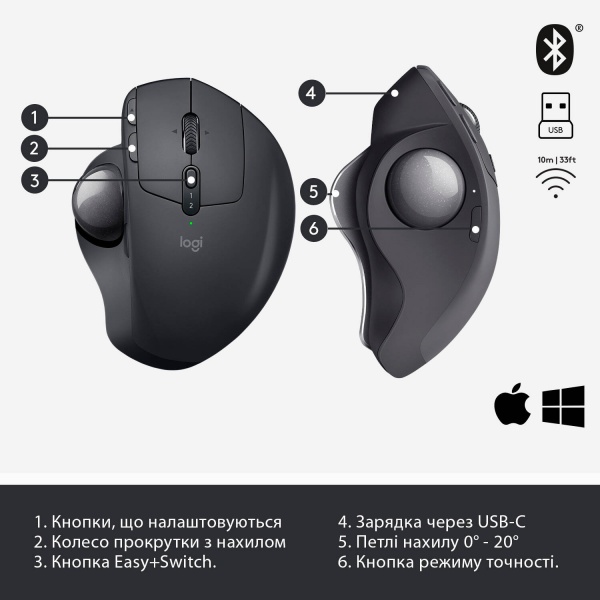 Мышка Logitech Bluetooth Mouse MX Ergo graphite (910-005179) 
