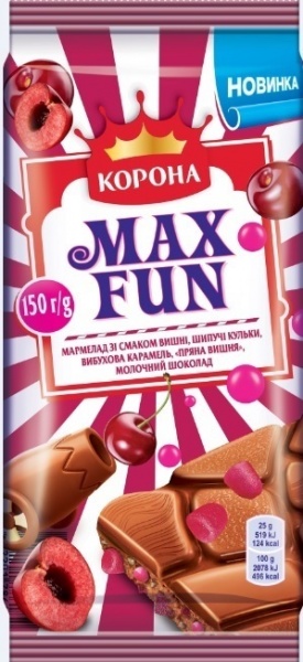 Молочний шоколад Корона Максфан з мармеладом зі смаком вишні 150г