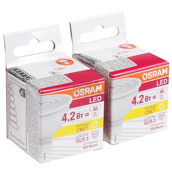 Лампа LED Osram MR16 4.2 Вт GU5.3 3000К 2 шт